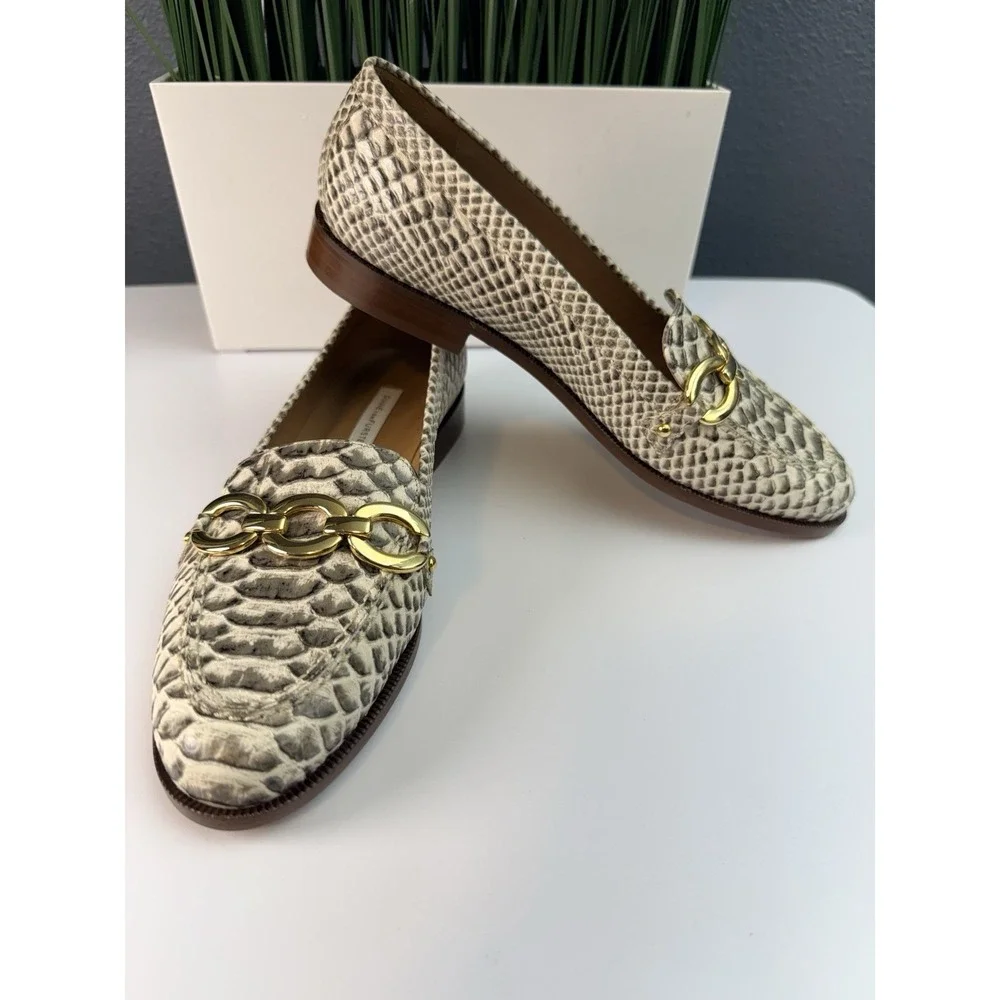 Diane Von Furstenberg Zoya Loafer Snake Embossed Leather Gold Chain Sz US 7